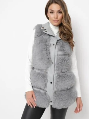 Szara Futrzana Kamizelka ze Wstawkami z Imitacji Skóry Adamani swest