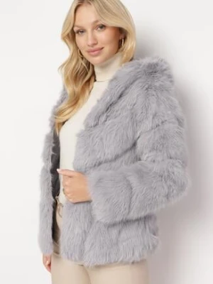 Szara Futrzana Kurtka z Kapturem Daviella wool fashion