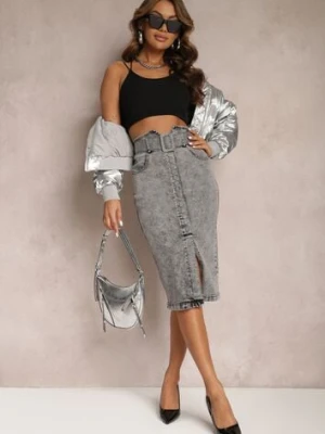 Szara Jeansowa Spódnica Ołówkowa Midi z Guzikami i Rozcięciem Jackiesa elsa.m by may