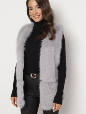 Szara Kamizelka z Futerka Ozdobiona Wstawkami z Ekoskóry Robenissa