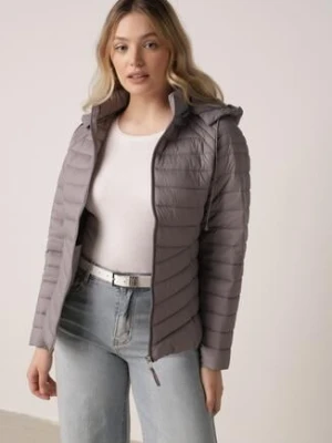 Szara Klasyczna Kurtka Przejściowa z Pikowaniem i Odpinanym Kapturem Pretiella jstyle