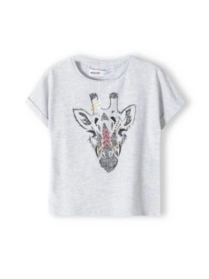 Szara koszulka dzianinowa dziewczęca z nadrukiem żyrafy Minoti