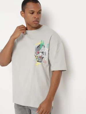 Szara Koszulka z Krótkim Rękawem T-Shirt z Nadrukiem z Przodu i na Plecach Franestia