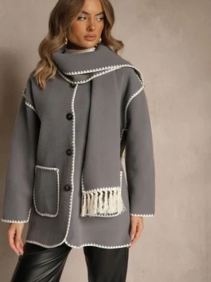 Szara Kurtka Oversize z Szalikiem i Ozdobnymi Przeszyciami Claritila yu & me