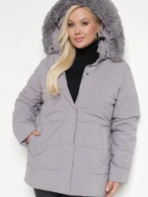 Szara Kurtka Pikowana z Odpinanym Kapturem ze Sztucznym Futerkiem Parinia emt