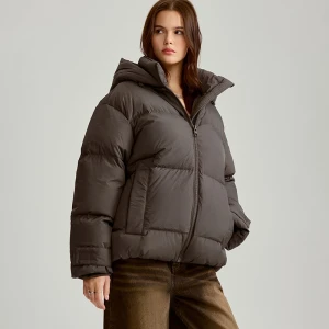 Szara kurtka puffer oversize z naturalnym puchem House