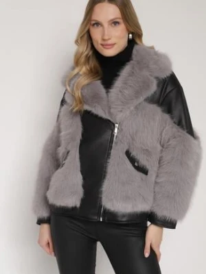 Szara Kurtka Ramoneska z Futrzanymi Wstawkami Seore