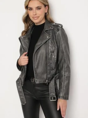 Szara Kurtka Ramoneska z Ozdobnym Paskiem na Dole i Asymetrycznym Suwakiem Etoisa