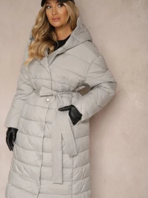 Szara Kurtka z Pikowanym Przeszyciem i Kapturem Zapinana na Napy i Wiązana w Talii Tiliola ann gissy