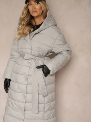 Szara Kurtka z Pikowanym Przeszyciem i Kapturem Zapinana na Napy i Wiązana w Talii Tiliola ann gissy