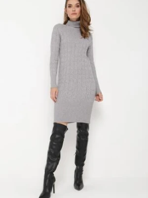 Szara Midi Sukienka z Golfem o Pudełkowym Kroju i Długimi Rękawami ze Ściągaczami Yvonnena glo-story