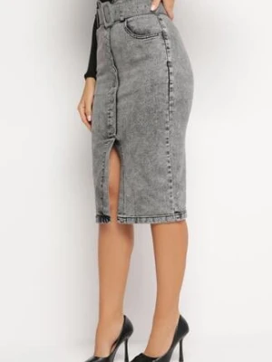 Szara Ołówkowa Spódnica Midi Jeansowa z Guzikami Rilma elsa.m by may
