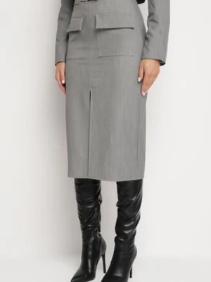 Szara Ołówkowa Spódnica z Wiskozą Ozdobiona Kieszeniami z Klapami Attenelle lily rose