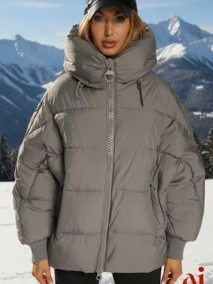 Szara Oversizowa Kurtka Puffer z Kaputrem Mevenassa