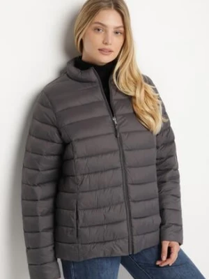 Szara Pikowana Kurtka o Prostym Kroju z Niską Stójką Zeniva j.style