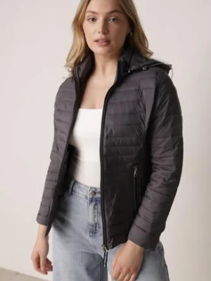 Szara Pikowana Kurtka Przejściowa z Kapturem z Lamówką i Ściągaczami Zidara mhm