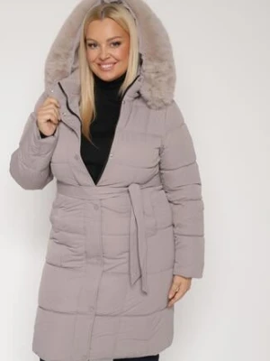 Szara Pikowana Kurtka z Kapturem z Futrem i Wiązanym Paskiem Mevinatia rosse line
