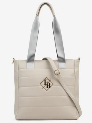 Szara Pikowana Torebka Shopperka z Metaliczną Aplikacją i Paskiem na Ramię Flessira caely