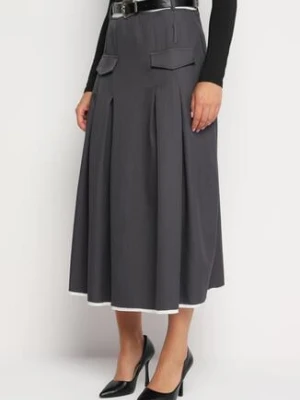Szara Plisowana Rozkloszowana Spódnica z Imitacją Kieszeni Paskiem i Gumką w Talii Evisthai elsa.m by may
