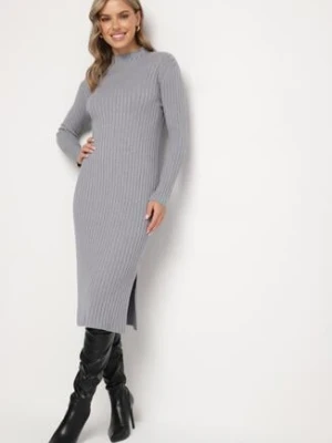 Szara Prążkowana Sukienka z Dzianiny z Wiskozą z Rozcięciami u Dołu Ninnavia wei wei