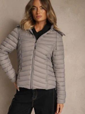 Szara Przejściowa Kurtka z Pikowanymi Przeszyciami i Kapturem Suritte j.style