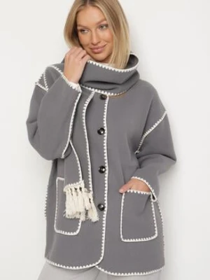 Szara Pudełkowa Kurtka z Ozdobnymi Przeszyciami i Szalikiem Salenalia yu & me