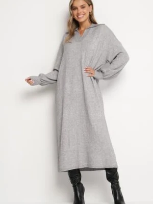 Szara Pudełkowa Sukienka Sweterkowa z Wiskozą Szerokimi Rękawami i Kołnierzykiem Rinfera m&d fashion