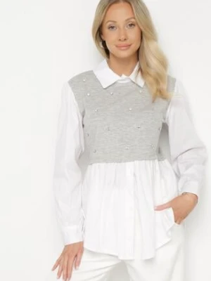 Szara Rozkloszowana Bluzka Koszulowa z Wiskozą z Wszytą Kamizelką z Cyrkoniami Uliaviela pretty