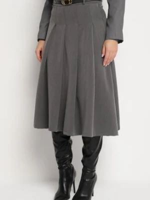 Szara Rozkloszowana Spódnica z Wiskozą Ozdobiona Paskiem i Plisami Fidelin lovery