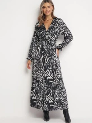 Szara Rozkloszowana Sukienka Maxi z Wiązanym Paskiem Saben jusdepom