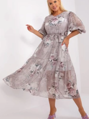 Szara rozkloszowana sukienka plus size w kwiaty Lakerta