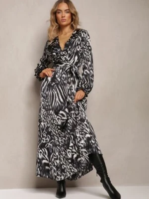 Szara Rozkloszowana Sukienka z Gumką w Talii i Kopertowym Dekoltem Janiis jusdepom