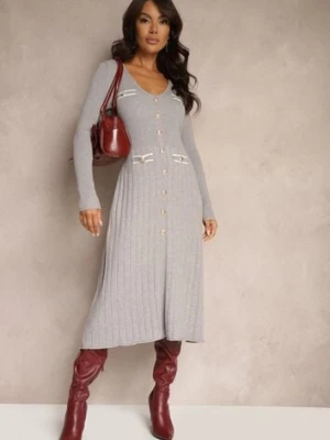 Szara Rozkloszowana Sukienka z Wiskozą Imitacją Kieszeni i Guzikami Izadria unigirl