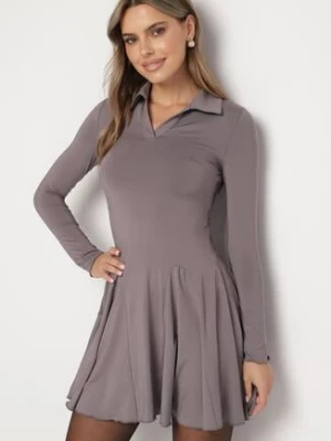 Szara Rozkloszowana Sukienka z Wiskozą Ozdobiona Kołnierzykiem Mirettia lovery