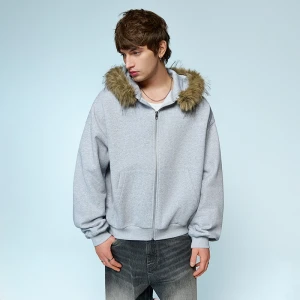 Szara rozpinana bluza z kapturem i sztucznym futerkiem House