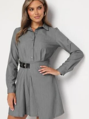 Szara Sukienka Koszulowa z Plisowanym Asymetrycznym Dołem z Paskiem Vattea allyson