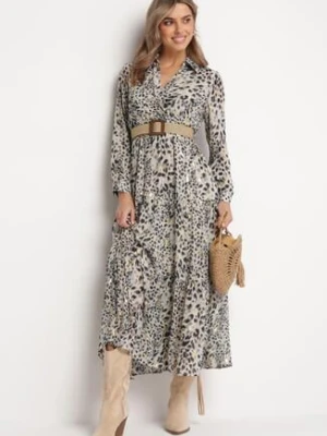 Szara Sukienka Maxi w Cętki z Gumą w Pasie i Plecionym Paskiem z Klamrą Anandra rosa