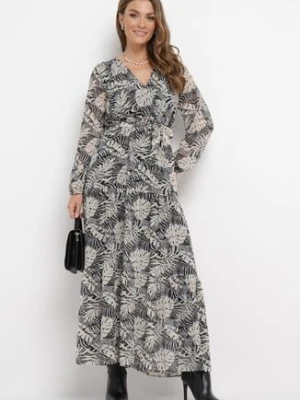 Szara Sukienka Maxi z Gumką w Talii i Roślinnym Printem Alai rosa