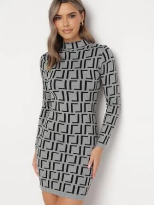 Szara Sukienka Mini ze Sweterkowego Materiału w Geometryczny Wzór Lenikes