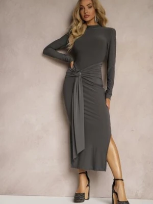Szara Sukienka o Dopasowanym Kroju z Półgolfem Zdobiona Trenem i Rozcięciem Tuleedi allyson