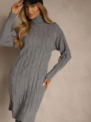 Szara Sukienka Sweterkowa z Golfem Wełną Bawełną i Ozdobnym Splotem Reilenea