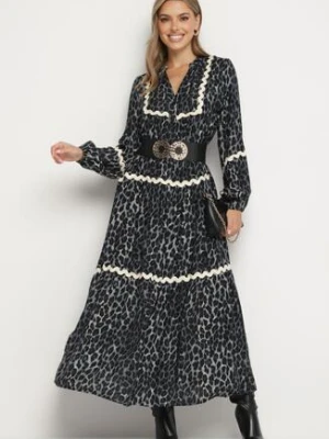 Szara Sukienka w Panterkę w Stylu Retro z Ozdobnymi Lamówkami Zetizia unigirl
