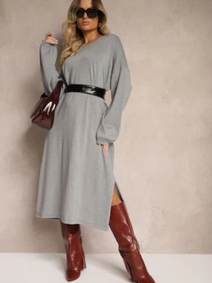 Szara Sukienka z Wiskozą o Pudełkowym Kroju z Metaliczną Nicią i Szerokimi Rękawami Arkina belcci