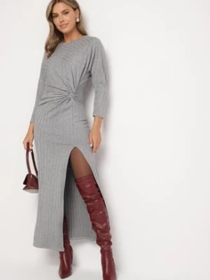 Szara Sukienka z Wiskozą Ozdobiona Wiązaniem i Metaliczną Nicią Ellinira new collection