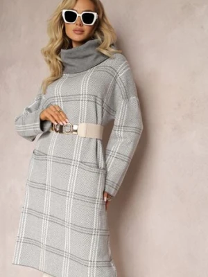 Szara Sweterkowa Sukienka Oversize z Szerokim Golfem Arnca palma