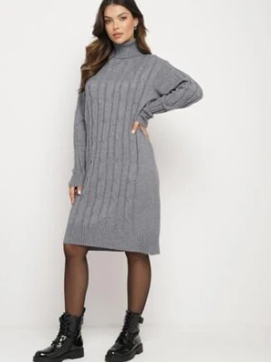 Szara Sweterkowa Sukienka z Golfem Wełną i Bawełną Ozdobiona Splotem Reiania
