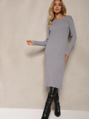 Szara Sweterkowa Sukienka z Wiskozą i Wycięciami po Bokach Resila wei wei
