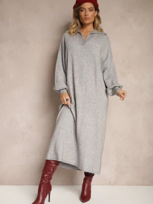 Szara Sweterkowa Sukienka z Wiskozą o Pudełkowym Kroju Ozdobiona Kołnierzykiem Clarinnae M&d Fashion