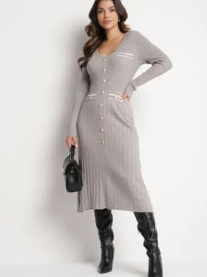 Szara Sweterkowa Sukienka z Wiskozą Ozdobiona Guzikami i Imitacją Kieszeni Izamines unigirl