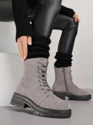 Szare Botki na Grubej Podeszwie z Sznurowaniem Eterna